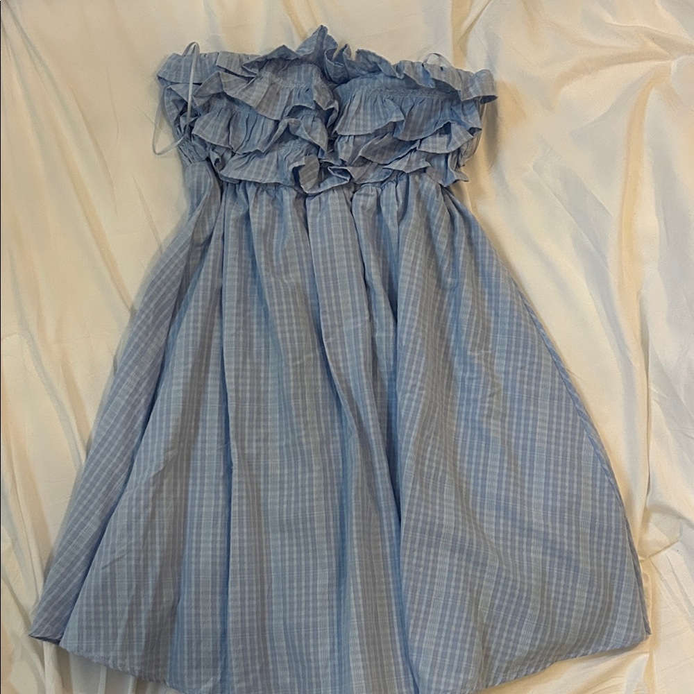 Fancy D Ruffled Strapless Blue Check Dress